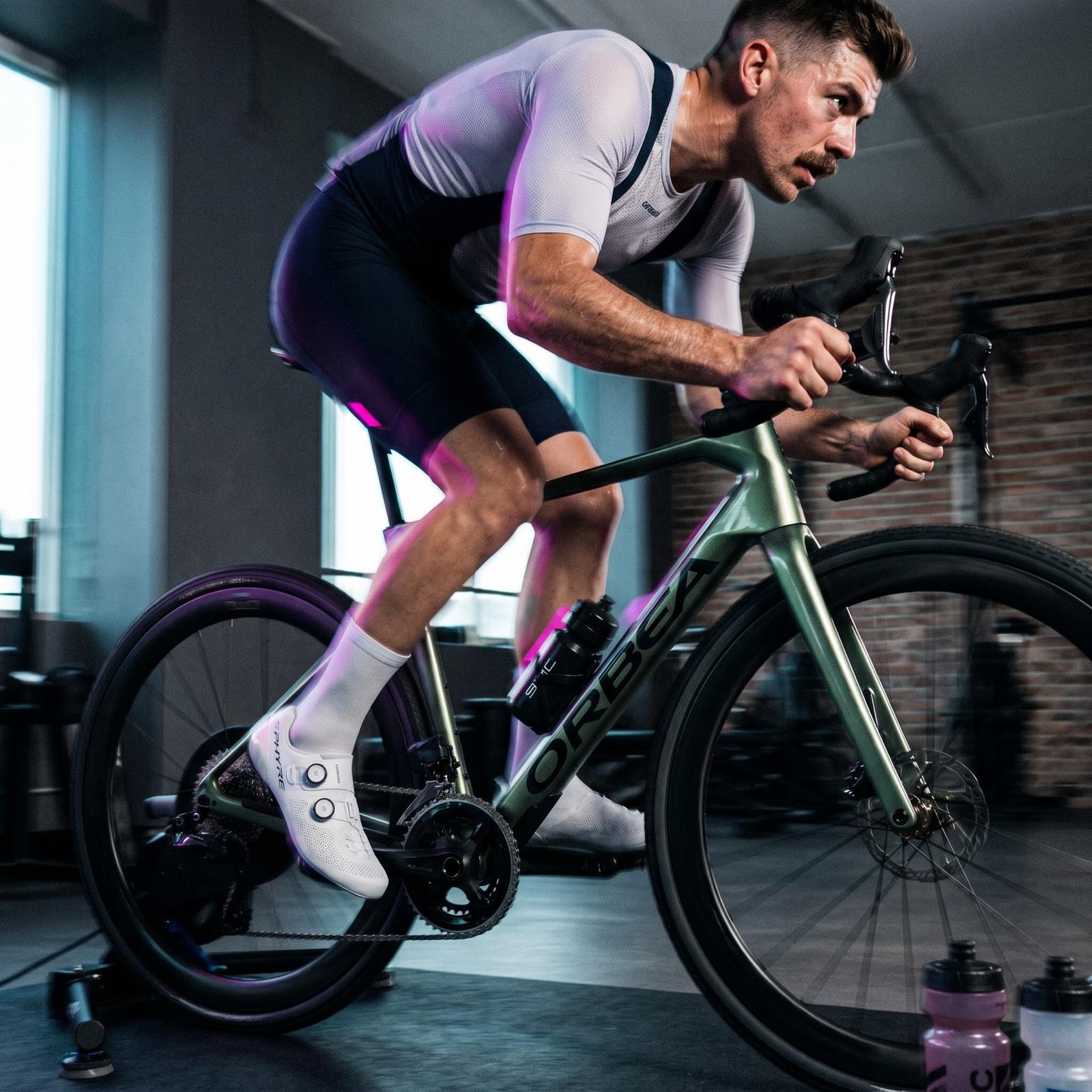 A rider driving hard on a trainer in a brick-walled room.