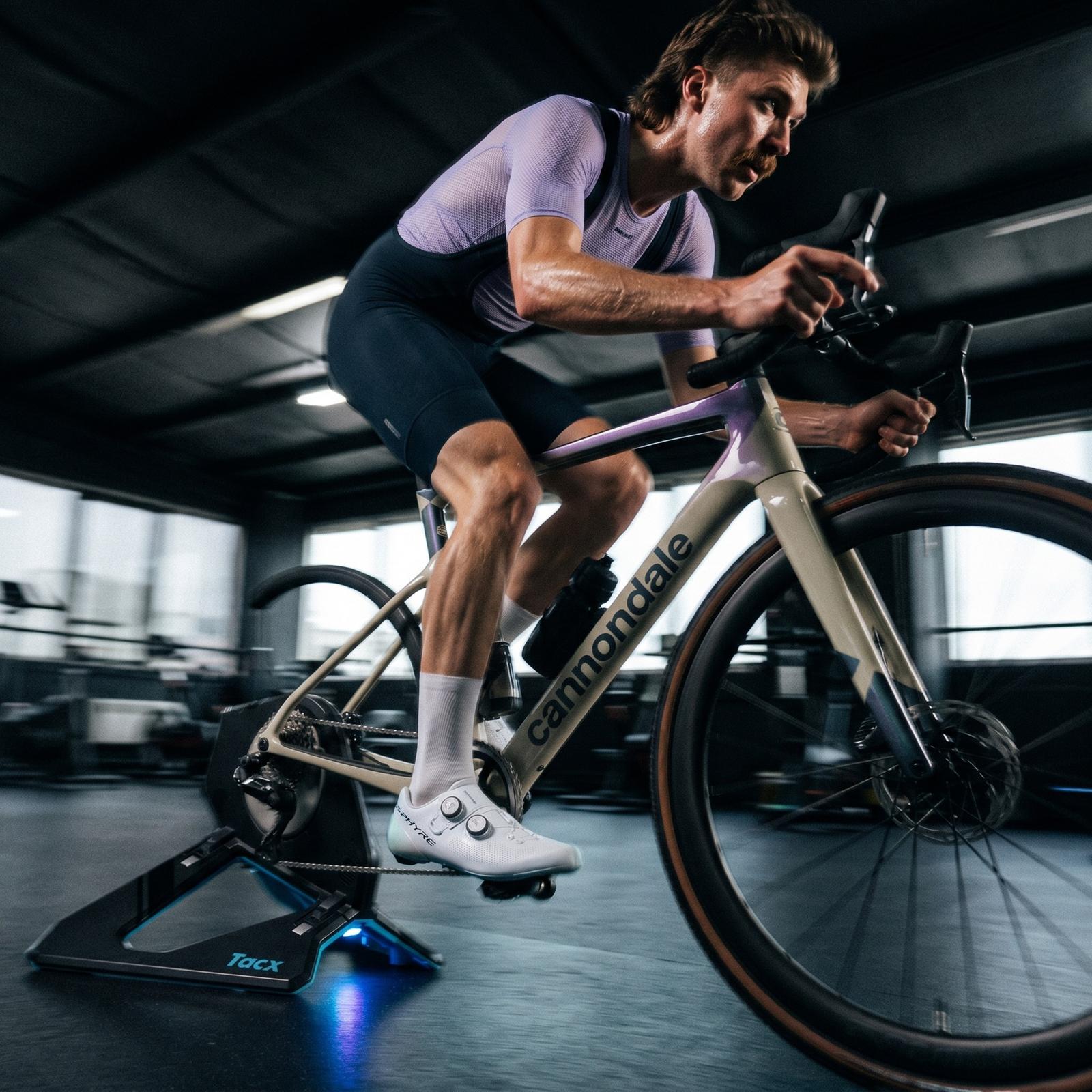 A rider on a trainer in a big, half-lit industrial room, the bike going nowhere in all that space.