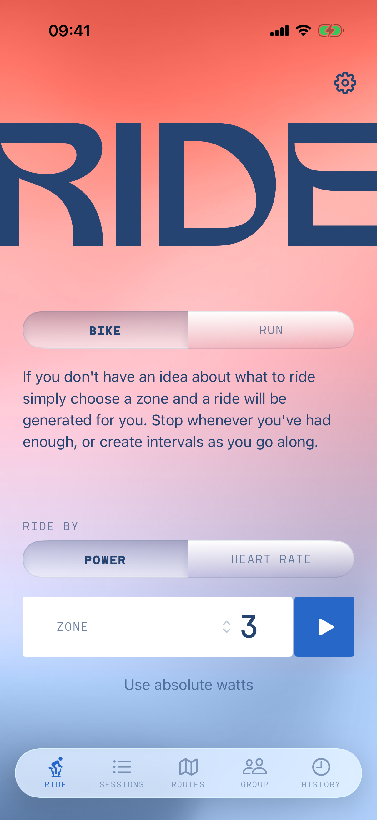 The base ride screen with a zone picked and the watts worked out from the rider’s FTP.